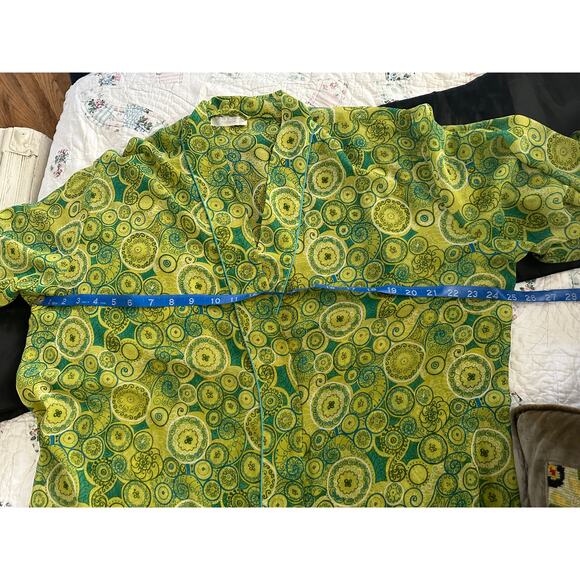 VINTAGE 90'S MYSTIQUE INTIMATES LIME GREEN MENSWEAR 60's PRINT WRAP ROBE W/ BELT - Picture 4 of 5